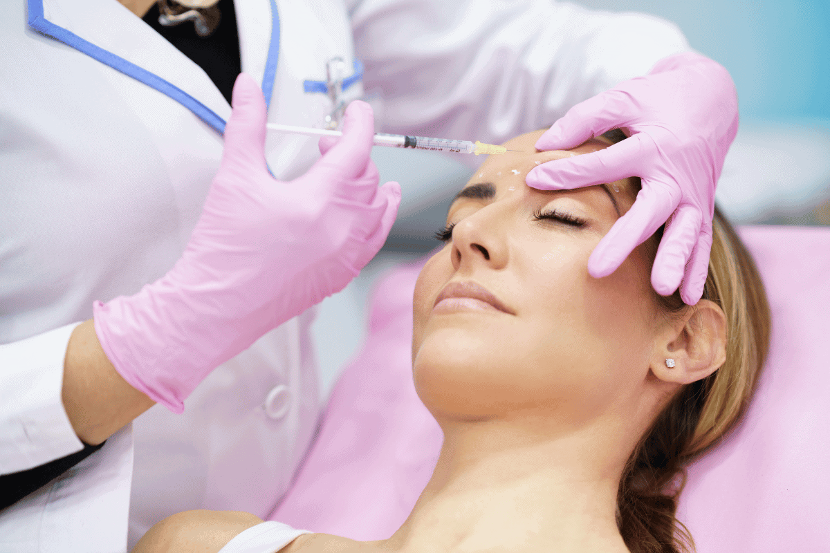 Botox Woman with eye closed while medical professional injects botox